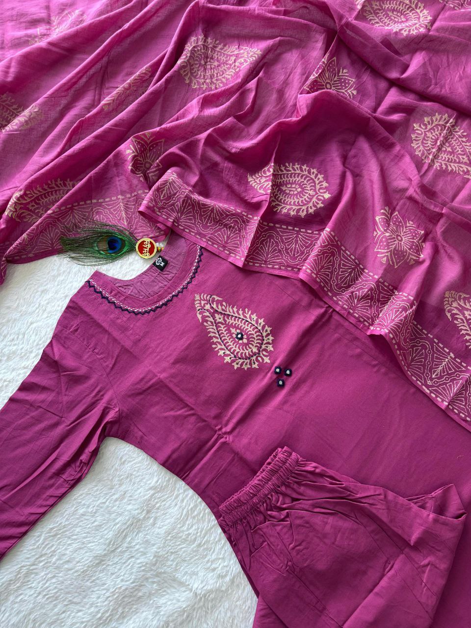 Pure Cotton A-Line Kurti Pant Set with Real Mirror Hand Work & Mul Cotton Dupatta