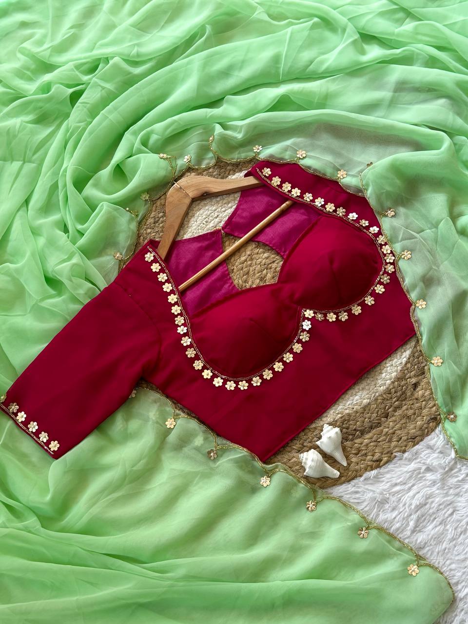 Sabyasachi Inspired Designer Faux Georgette Saree with Handwork Khatli Stitch Blouse