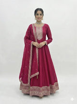 Pure Vichitra Silk Full Flare Anarkali Gown with Sequins Embroidery work, Churidar Sleeves and Dupatta