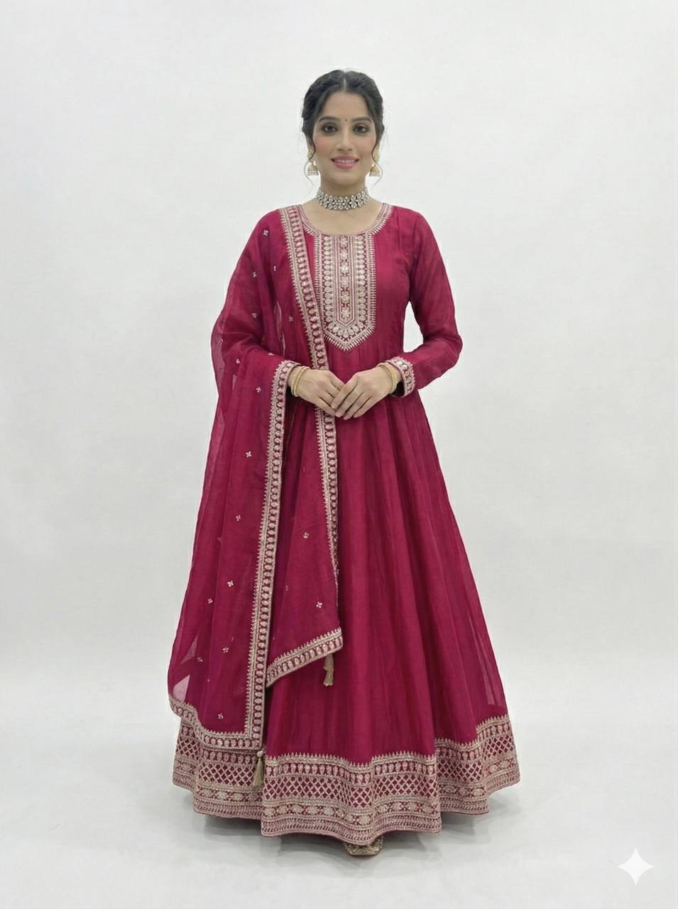 Pure Vichitra Silk Full Flare Anarkali Gown with Sequins Embroidery work, Churidar Sleeves and Dupatta