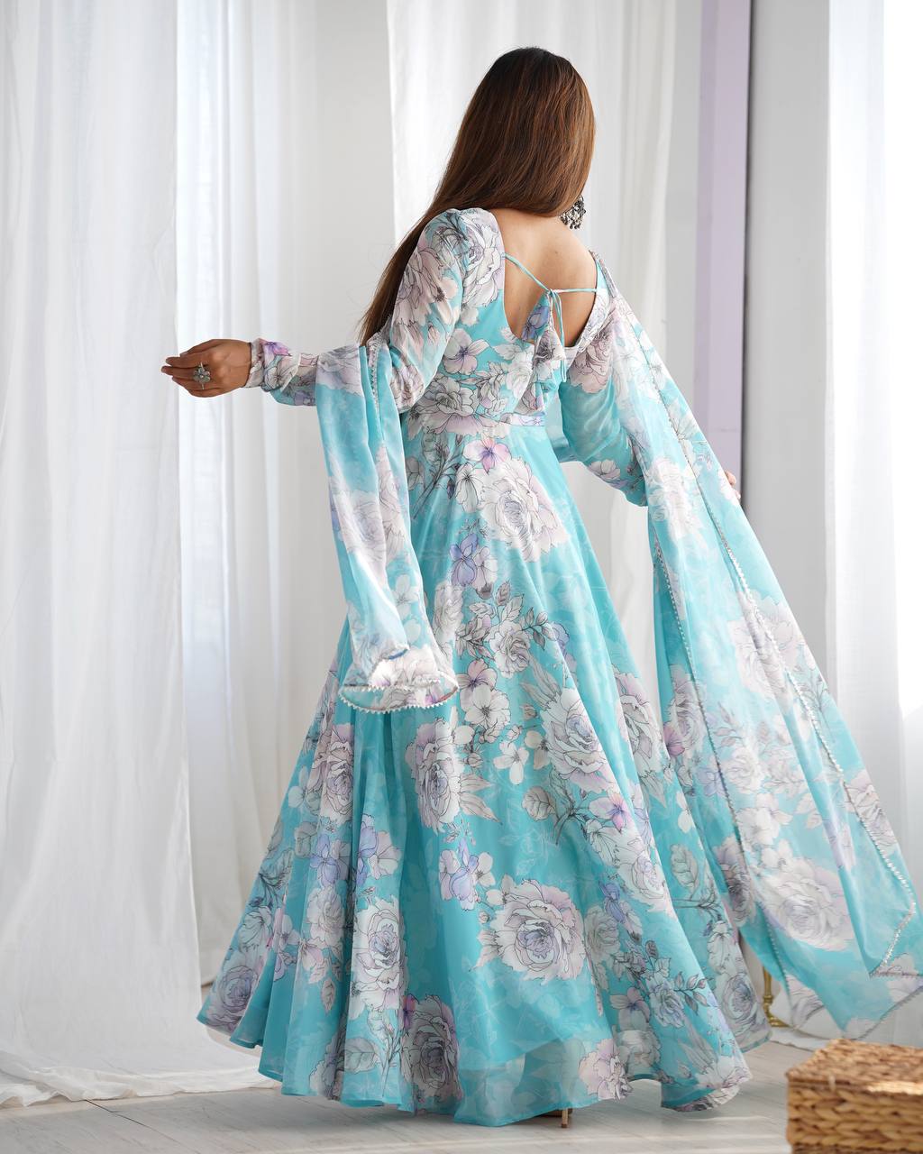 Heavy Fox Georgette Floral Anarkali Gown with Shawl Style Lace Dupatta