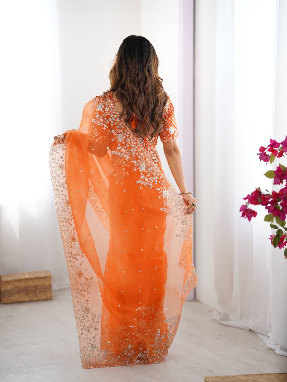 Designer Embroidered Organza Saree - Luxury Wedding Wear with Sequin Work