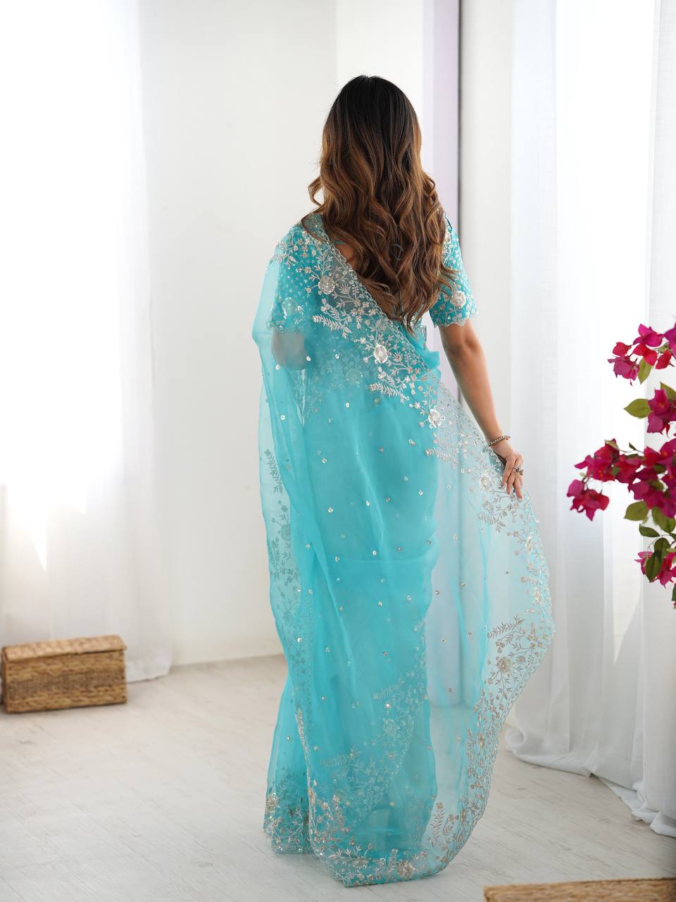 Designer Embroidered Organza Saree - Luxury Wedding Wear with Sequin Work