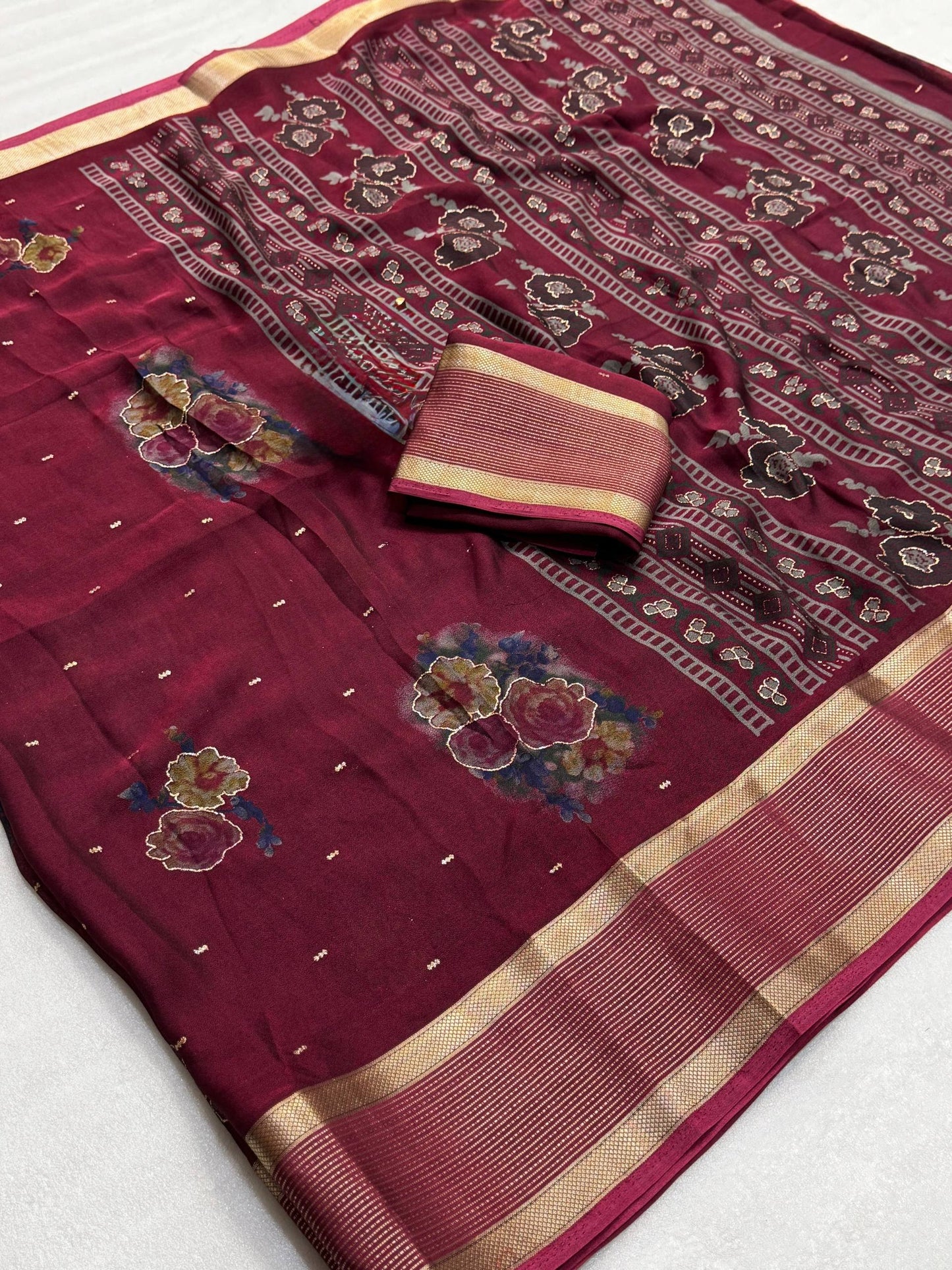 Pure Rangoli Silk Saree with Floral Prints, Glitter Butti & Golden Weaving Border with Blouse