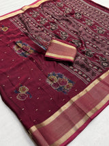 Pure Rangoli Silk Saree with Floral Prints, Glitter Butti & Golden Weaving Border with Blouse