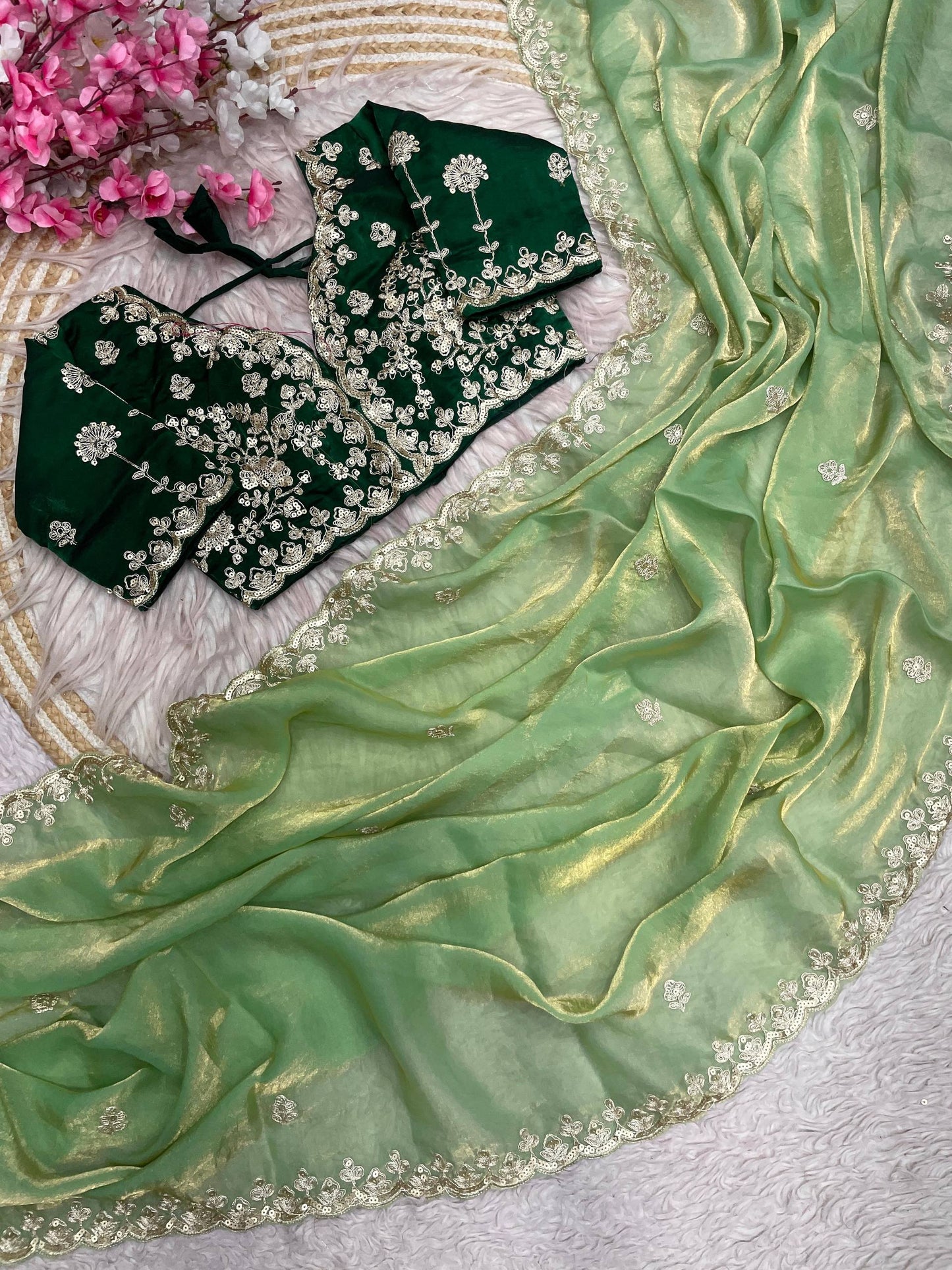 Premium Fendy Satin Silk Designer Saree with 5mm Sequins & Coding Embroidery Work | Fully Stitched Blouse