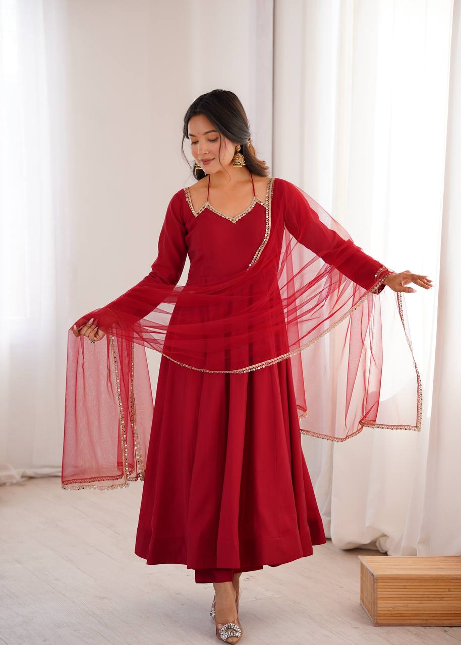 Premium Pure Roman Silk Chanderi Anarkali Gown Set with 4 Meter Flare, Lace Work & Net Dupatta