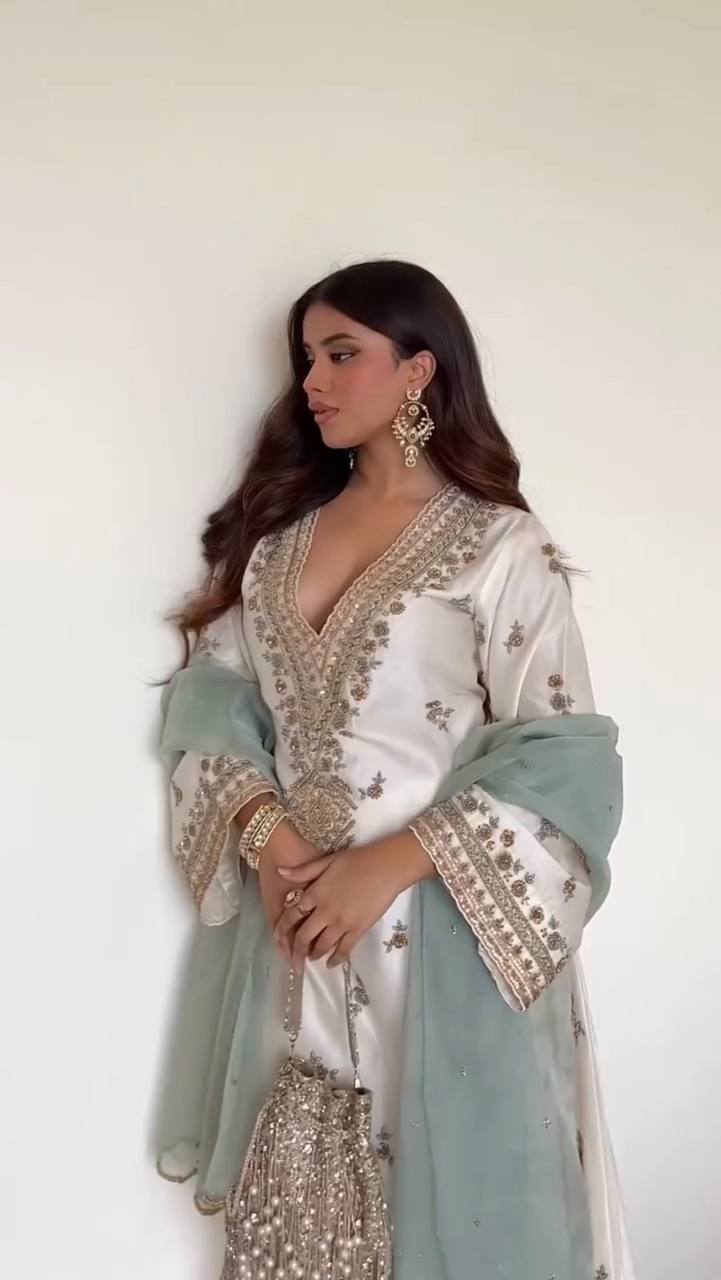 Designer Roman Silk 3 Piece Plazzo Set with Heavy Sequence Embroidery and Organza Dupatta