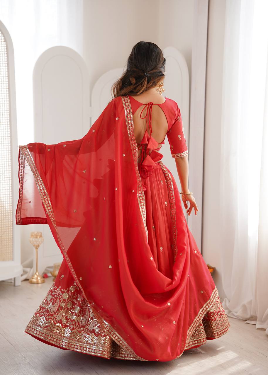 Heavy Simmer Silk Lehenga Choli Set with Thread & Sequin Work | 3 Meter Grand Flair | Fully Stitched Bridal Wear