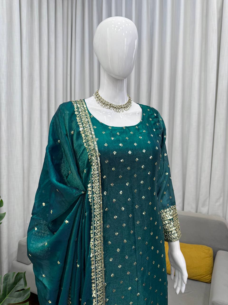 Heavy Fendy Silk Salwar Suit Set with Dupatta – Thread & Sequence Embroidery Kurta Pant Set