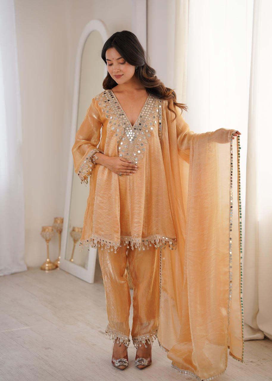 Designer Fendy Kurti Pant Dupatta Set with Real Mirror Work & Coding Embroidery | Festive Ethnic Wear Suit