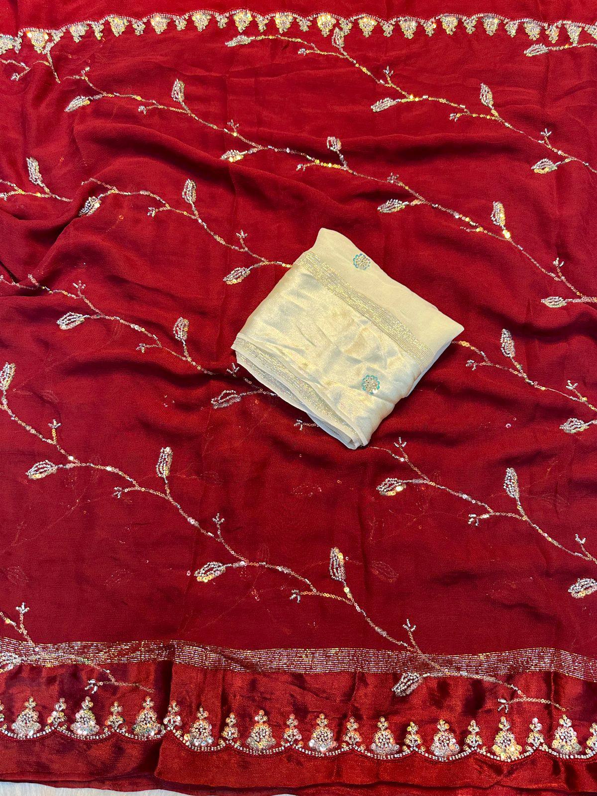 Viscose Georgette Saree with Satin Patti Sequence Work & Handwork Running Blouse