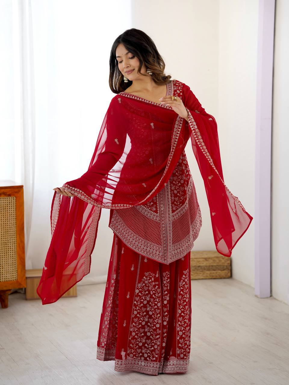 Designer Faux Georgette Embroidered Palazzo Suit Set with Sequins Work Dupatta | Ready to Wear Wedding & Festive Ethnic Wear for Women