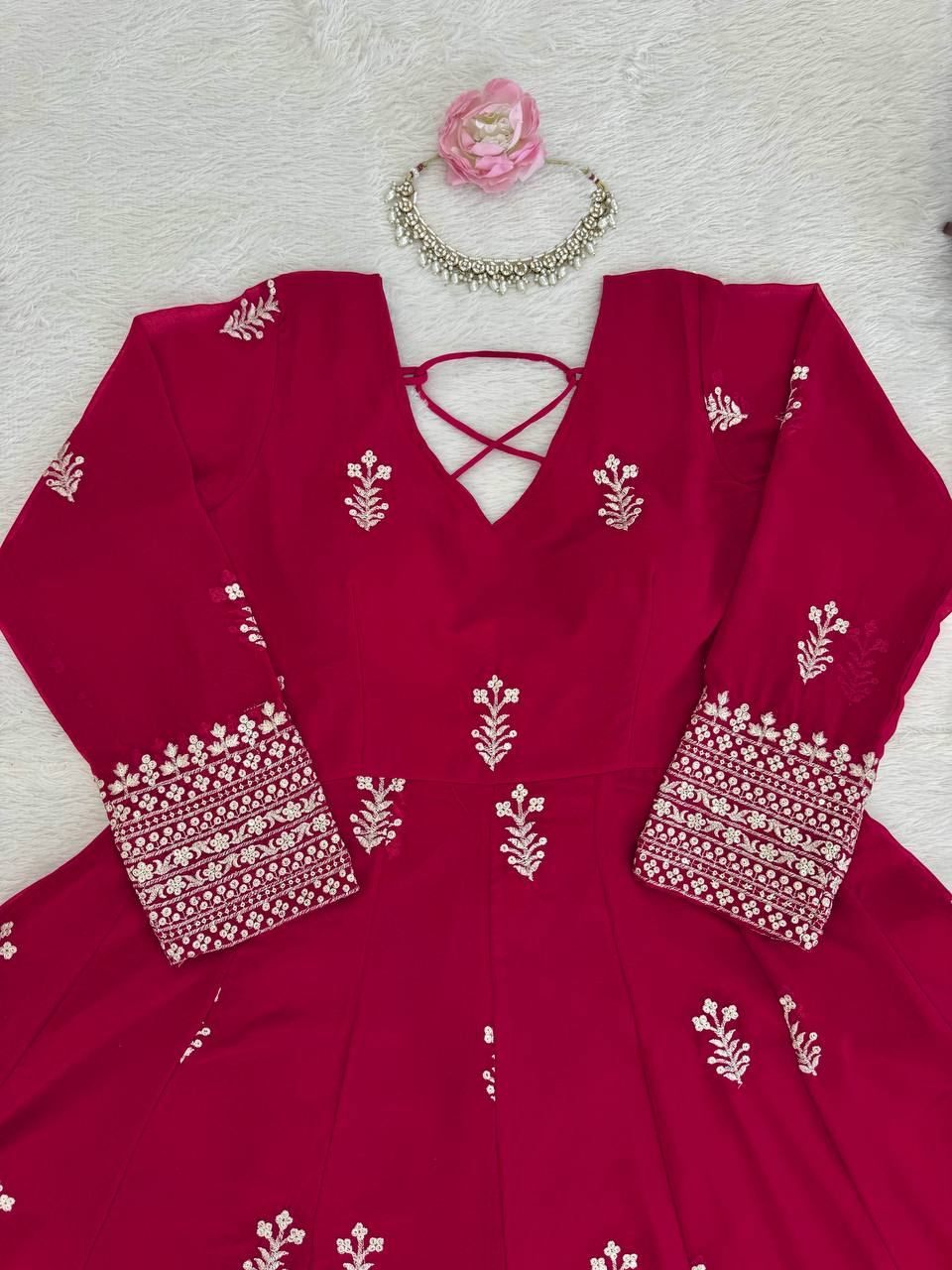 Designer Faux Georgette Anarkali Gown Set with Embroidered Dupatta & Pant