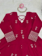 Designer Faux Georgette Anarkali Gown Set with Embroidered Dupatta & Pant