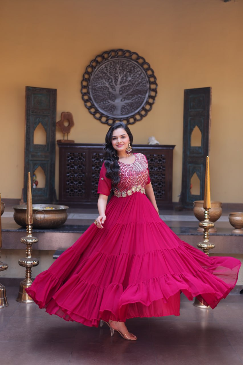 Party Wear Faux Blooming Long Gown with Heavy Embroidery Work