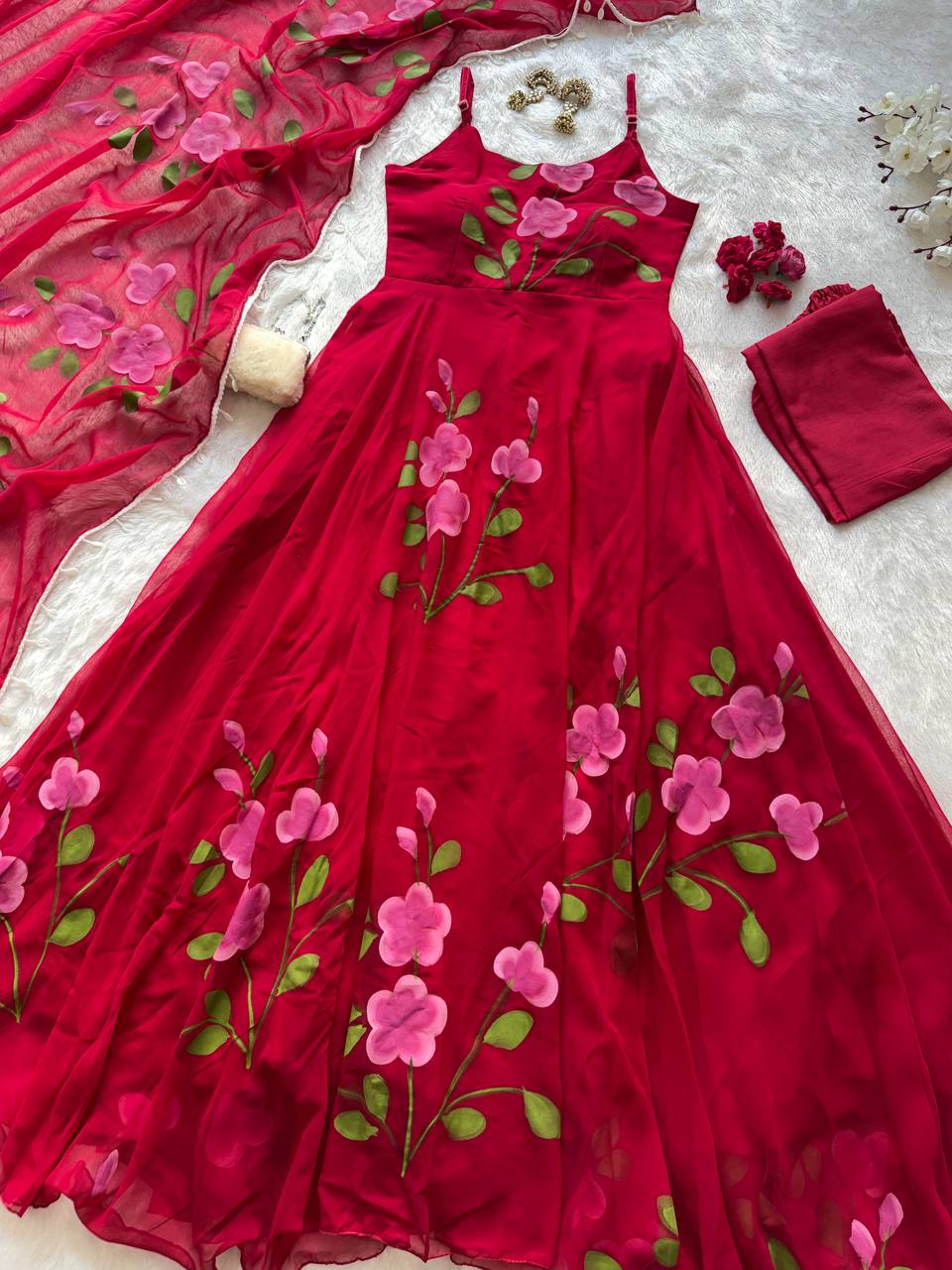 Handpainted Georgette Anarkali Suit Set with Buttersilk Pant & Kodi Lace Dupatta