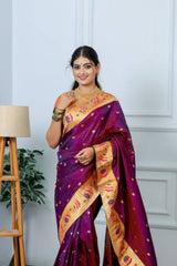 Premium Lotus Paithani Soft Silk Saree with Pure Copper Zari Border & Brocade Blouse Piece