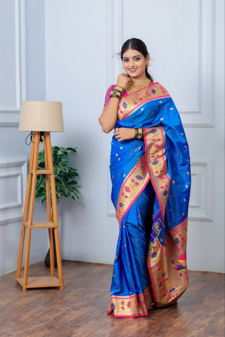 Premium Lotus Paithani Soft Silk Saree with Pure Copper Zari Border & Brocade Blouse Piece