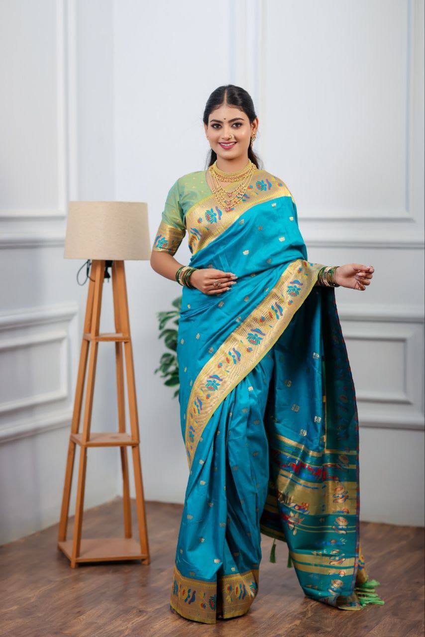 Premium Lotus Paithani Soft Silk Saree with Pure Copper Zari Border & Brocade Blouse Piece