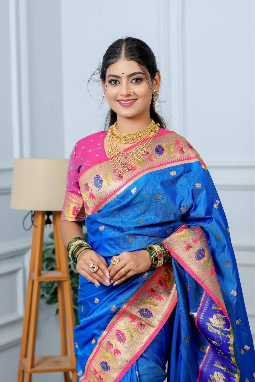 Premium Lotus Paithani Soft Silk Saree with Pure Copper Zari Border & Brocade Blouse Piece