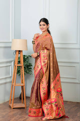 Premium Lotus Paithani Soft Silk Saree with Pure Copper Zari Border & Brocade Blouse Piece