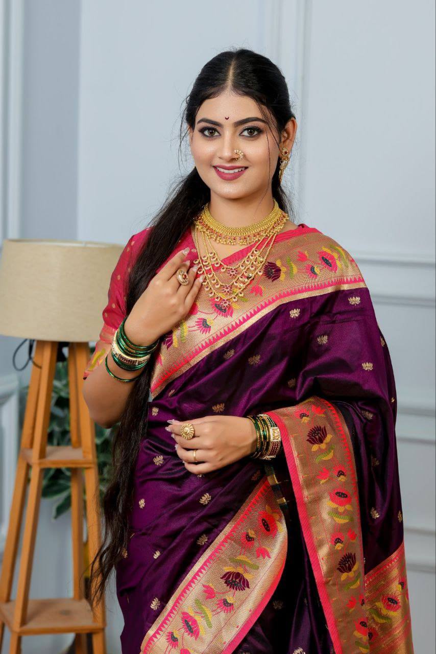 Premium Lotus Paithani Soft Silk Saree with Pure Copper Zari Border & Brocade Blouse Piece