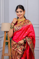 Premium Lotus Paithani Soft Silk Saree with Pure Copper Zari Border & Brocade Blouse Piece