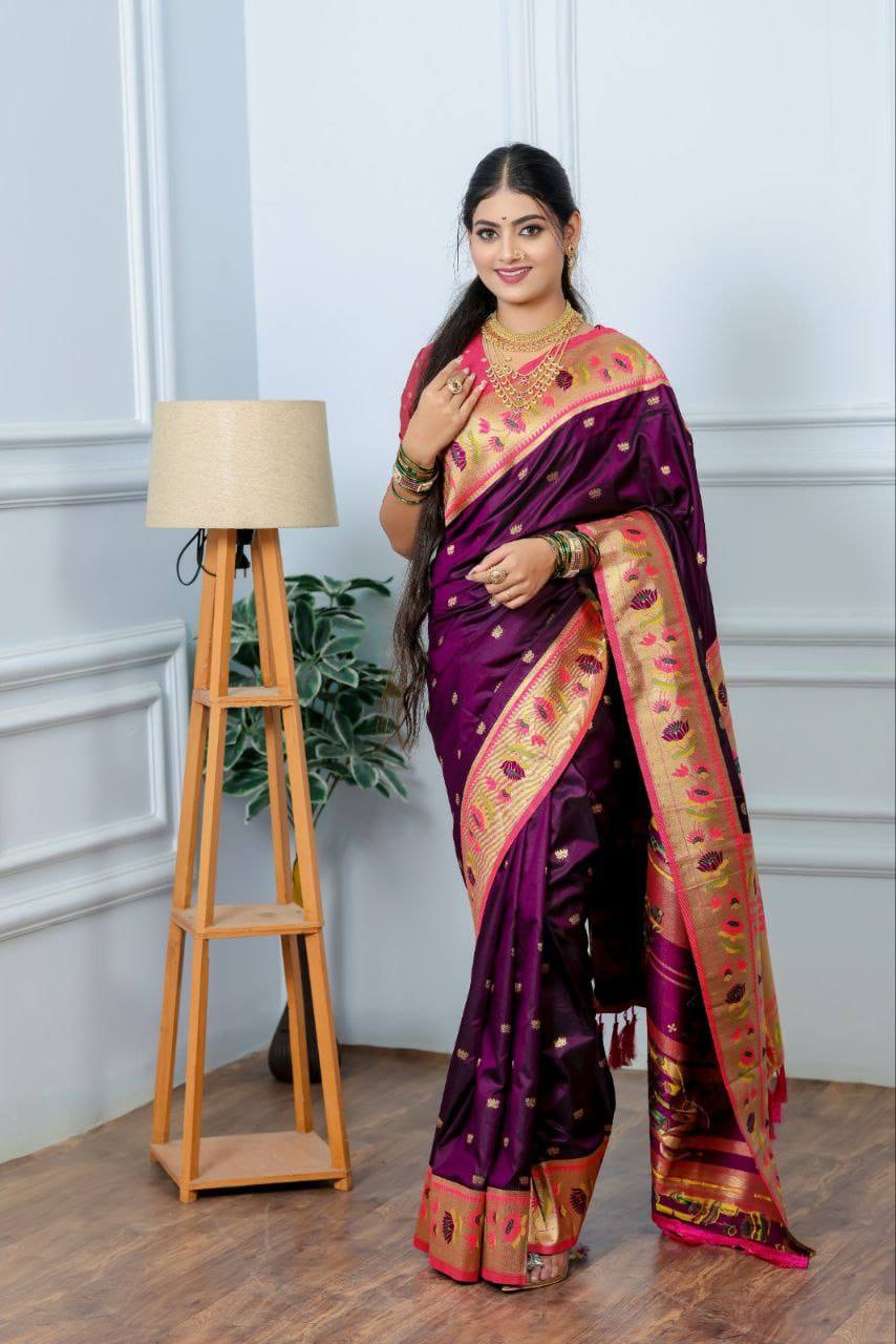 Premium Lotus Paithani Soft Silk Saree with Pure Copper Zari Border & Brocade Blouse Piece