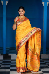 Premium Lotus Paithani Soft Silk Saree with Pure Copper Zari Border & Brocade Blouse Piece