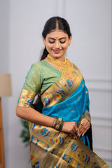 Premium Lotus Paithani Soft Silk Saree with Pure Copper Zari Border & Brocade Blouse Piece