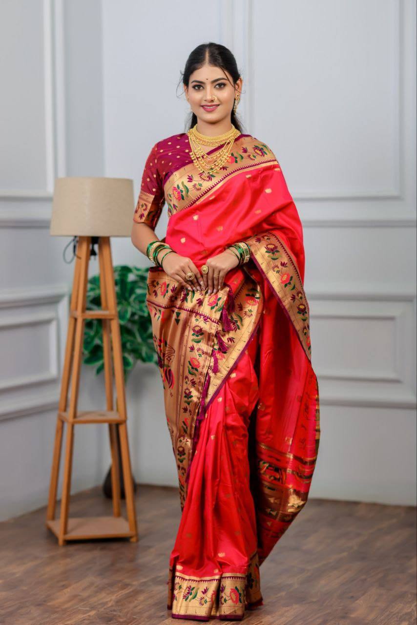 Premium Lotus Paithani Soft Silk Saree with Pure Copper Zari Border & Brocade Blouse Piece