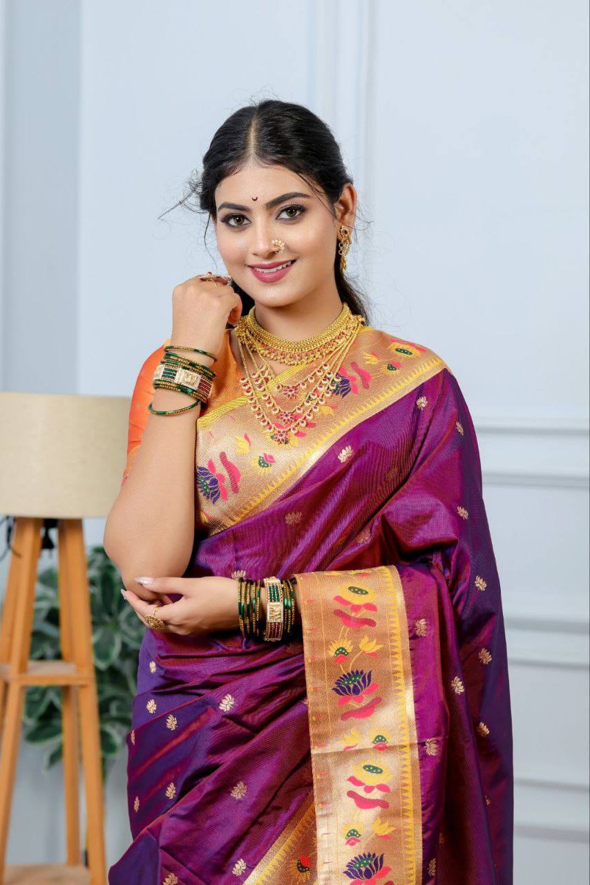 Premium Lotus Paithani Soft Silk Saree with Pure Copper Zari Border & Brocade Blouse Piece