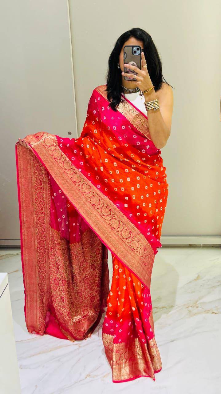 Premium Bandhej Silk Saree with Traditional Kanchipuram Zari Border – Dual Tone Designer Ethnic Wear