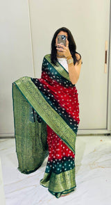 Premium Bandhej Silk Saree with Traditional Kanchipuram Zari Border – Dual Tone Designer Ethnic Wear
