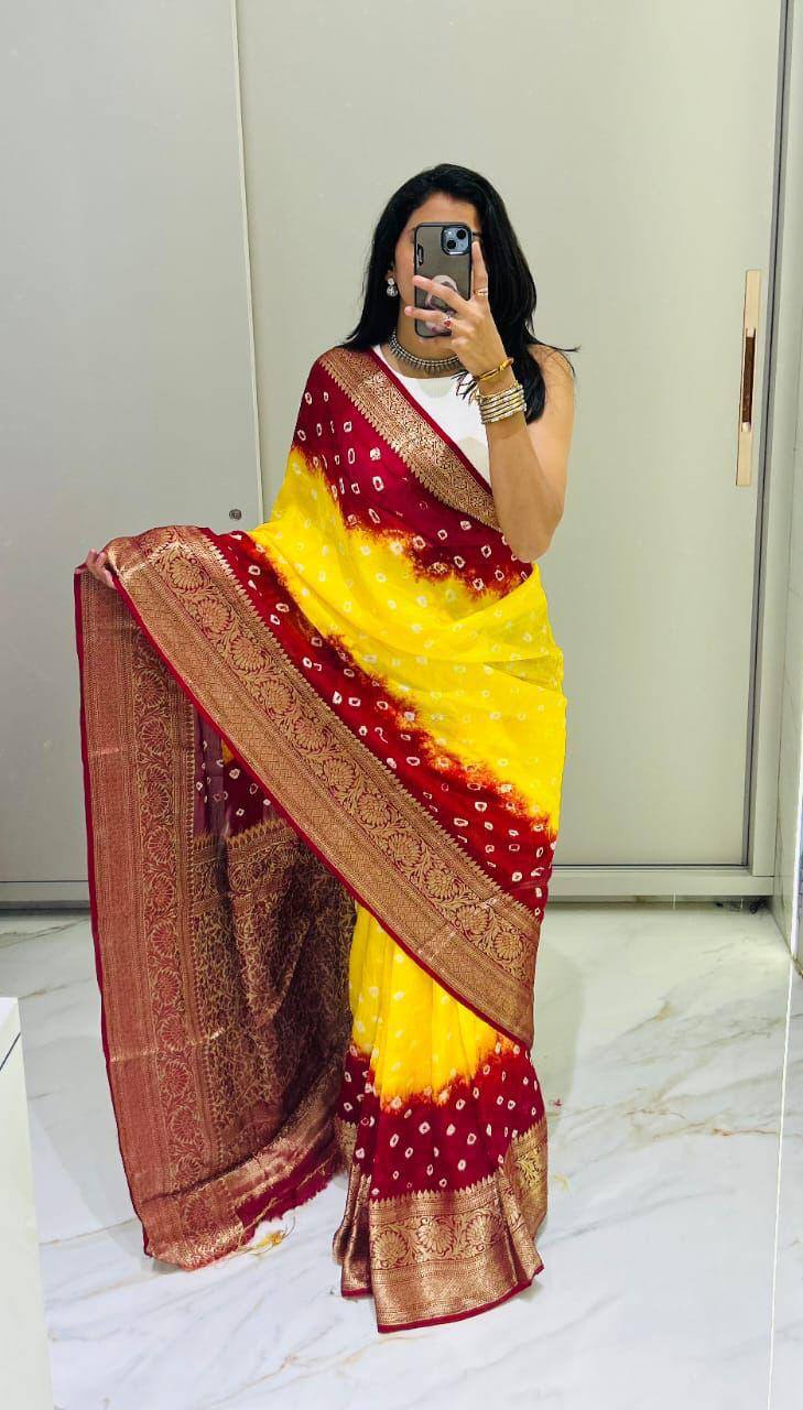 Premium Bandhej Silk Saree with Traditional Kanchipuram Zari Border – Dual Tone Designer Ethnic Wear