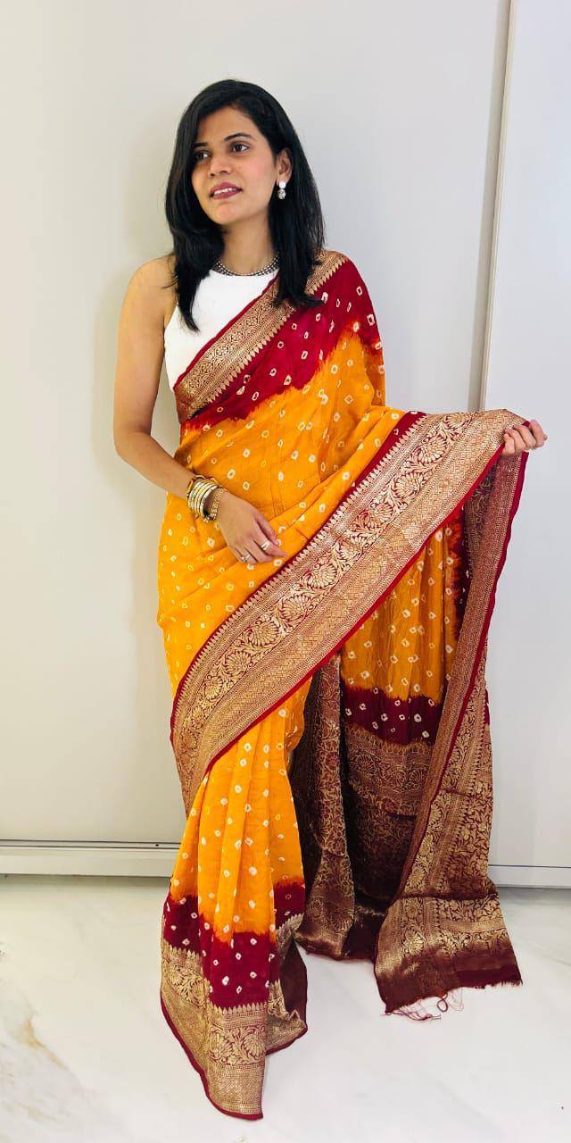 Premium Bandhej Silk Saree with Traditional Kanchipuram Zari Border – Dual Tone Designer Ethnic Wear