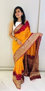 Premium Bandhej Silk Saree with Traditional Kanchipuram Zari Border – Dual Tone Designer Ethnic Wear