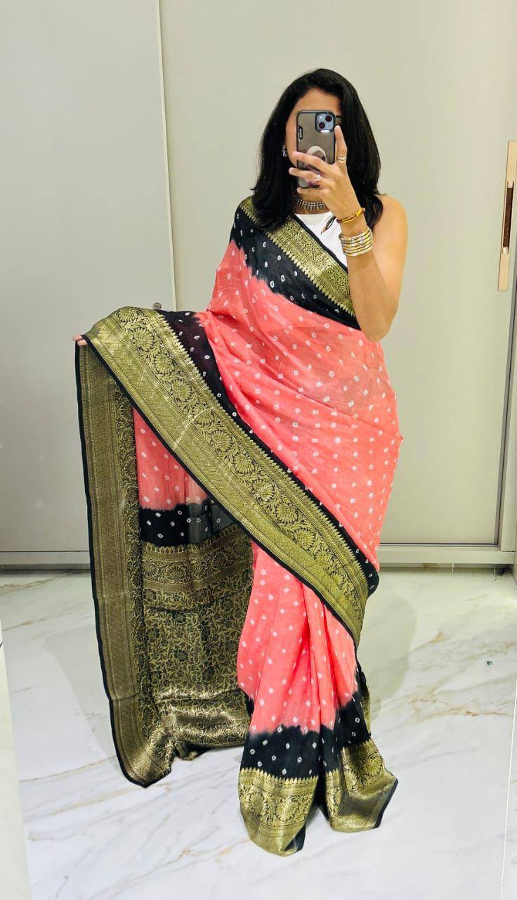 Premium Bandhej Silk Saree with Traditional Kanchipuram Zari Border – Dual Tone Designer Ethnic Wear