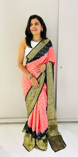 Premium Bandhej Silk Saree with Traditional Kanchipuram Zari Border – Dual Tone Designer Ethnic Wear
