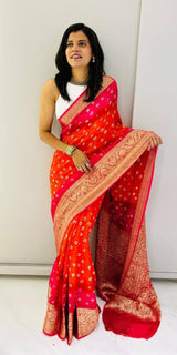 Premium Bandhej Silk Saree with Traditional Kanchipuram Zari Border – Dual Tone Designer Ethnic Wear