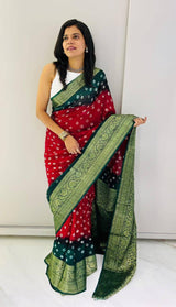 Premium Bandhej Silk Saree with Traditional Kanchipuram Zari Border – Dual Tone Designer Ethnic Wear