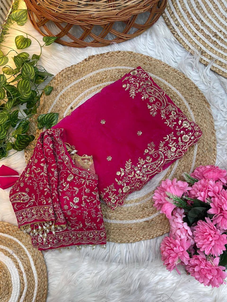 Premium Fendy Satin Designer Saree with Heavy Embroidery & 3mm Sequin Work – Luxury Ethnic Celebration Wear