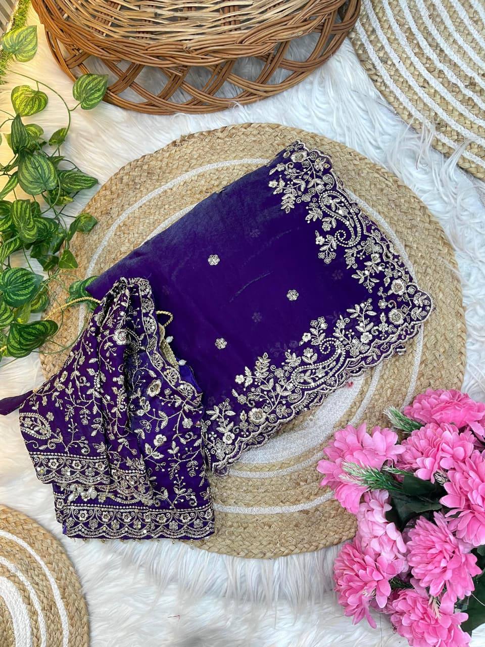 Premium Fendy Satin Designer Saree with Heavy Embroidery & 3mm Sequin Work – Luxury Ethnic Celebration Wear