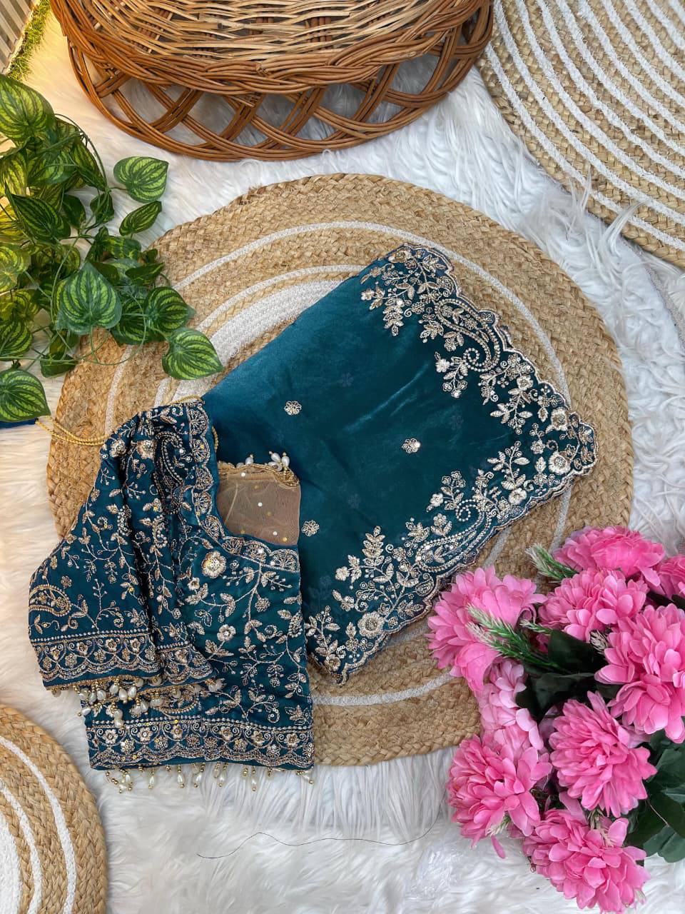 Premium Fendy Satin Designer Saree with Heavy Embroidery & 3mm Sequin Work – Luxury Ethnic Celebration Wear