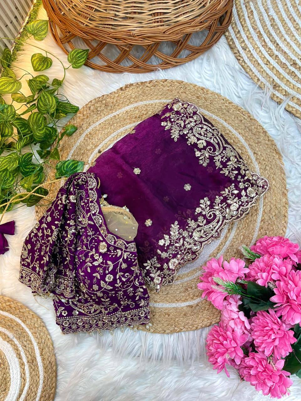 Premium Fendy Satin Designer Saree with Heavy Embroidery & 3mm Sequin Work – Luxury Ethnic Celebration Wear