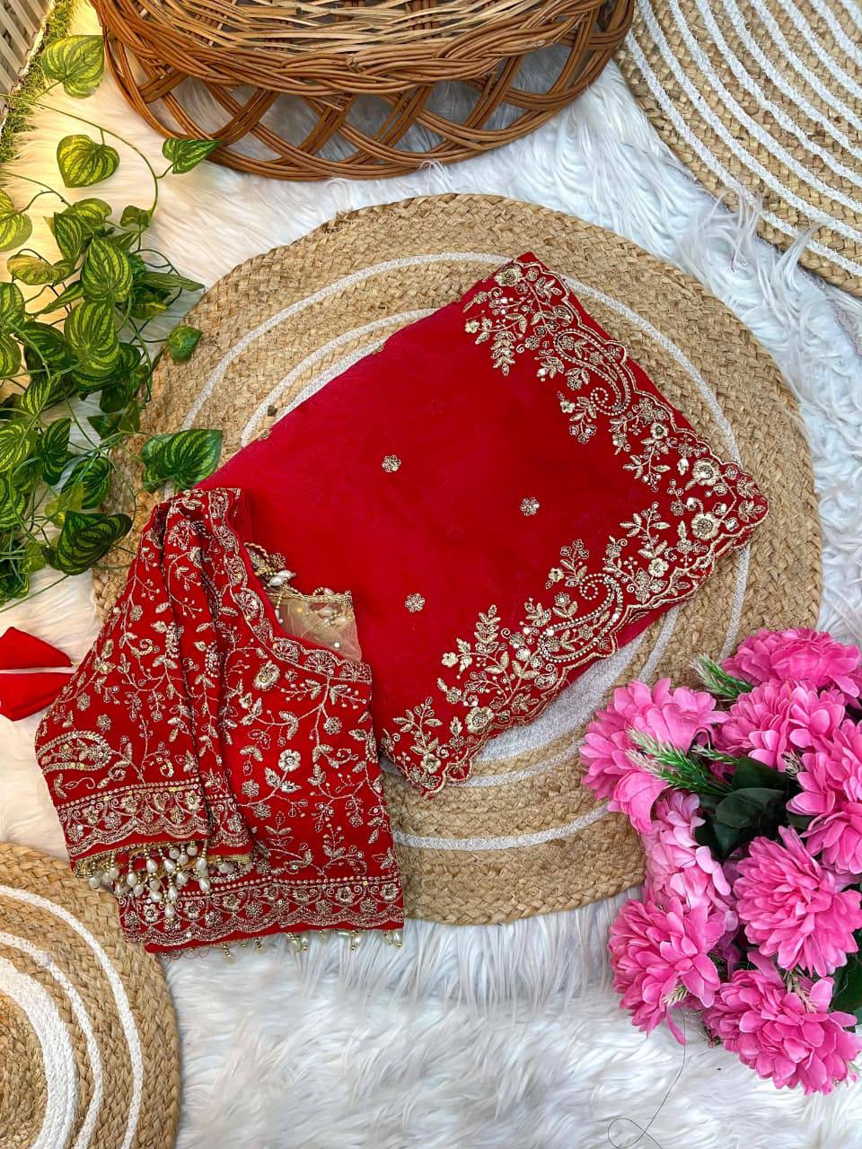 Premium Fendy Satin Designer Saree with Heavy Embroidery & 3mm Sequin Work – Luxury Ethnic Celebration Wear