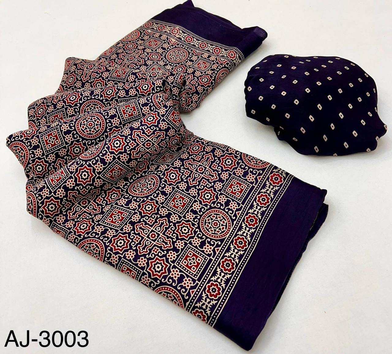 Pure Modal Silk Ajrakh Saree with Handblock Prints & Traditional Lagadi Patta – Authentic Artisan Handloom