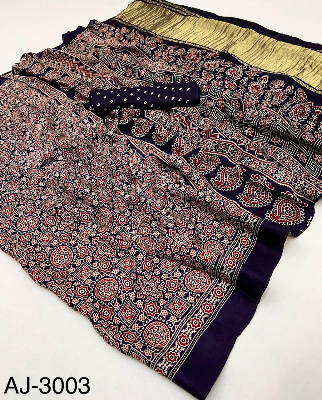 Pure Modal Silk Ajrakh Saree with Handblock Prints & Traditional Lagadi Patta – Authentic Artisan Handloom