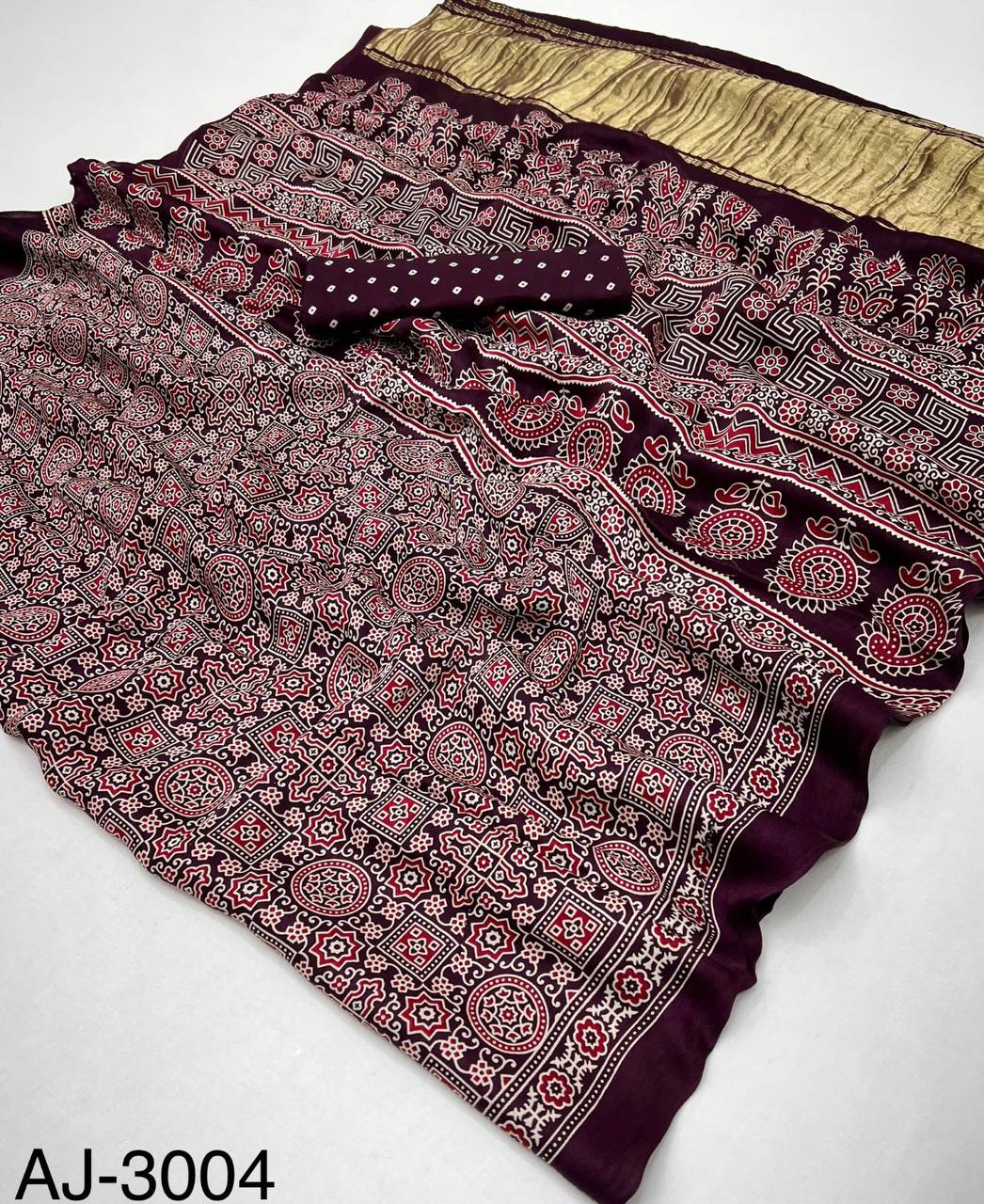 Pure Modal Silk Ajrakh Saree with Handblock Prints & Traditional Lagadi Patta – Authentic Artisan Handloom